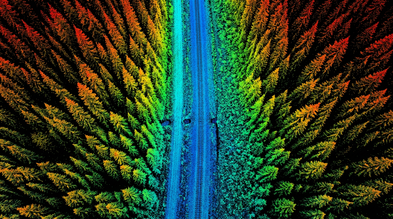 Illustrative point-cloud rendering of the corridor showing canopy and ground returns