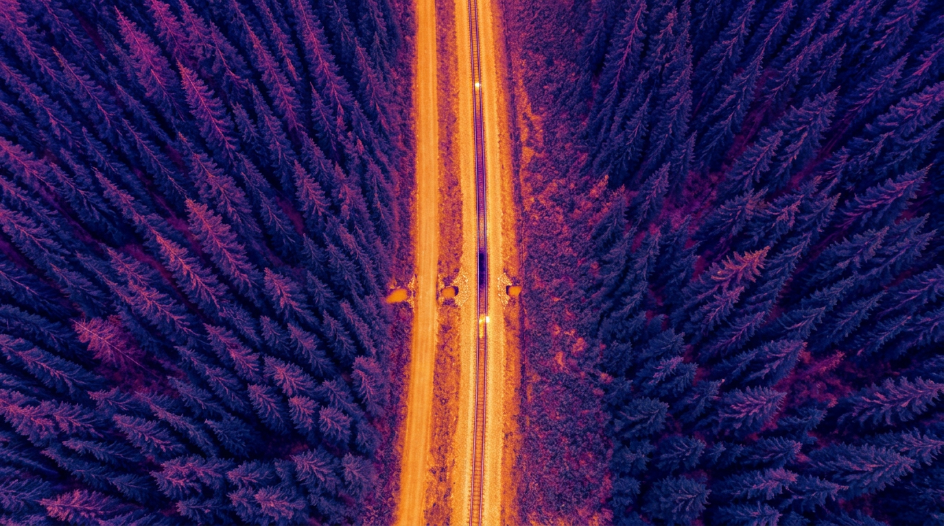 Illustrative radiometric thermal rendering of the same corridor, with warm returns on ballast and rail